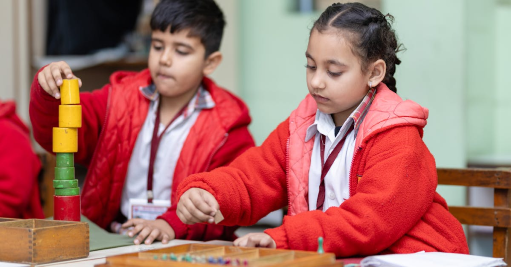 Children following a structured play school daily routine in a colorful classroom