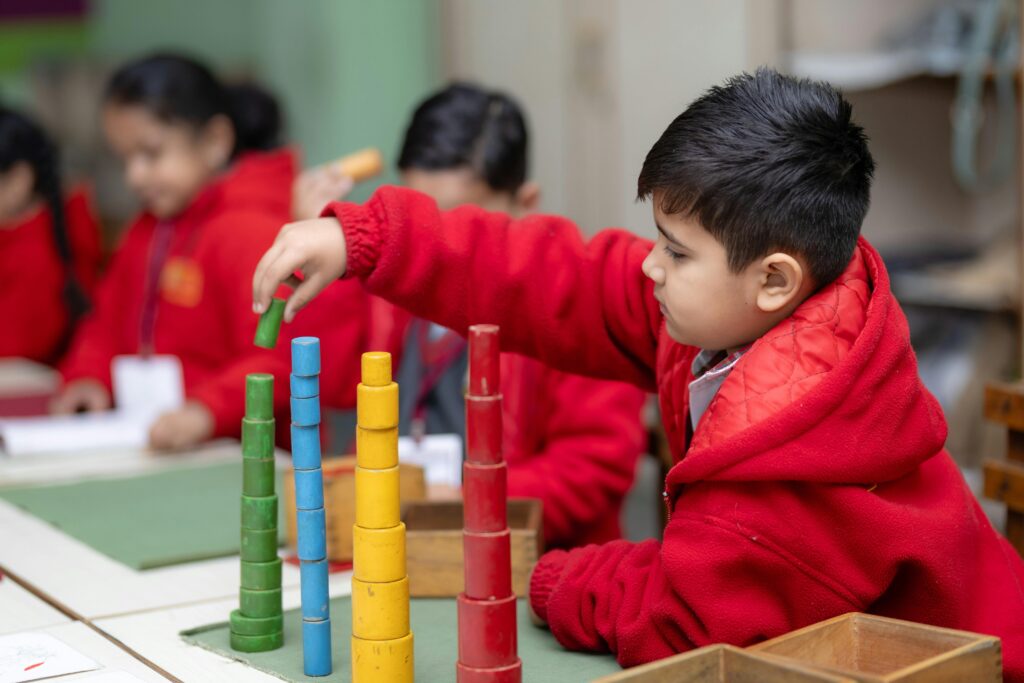 Colorful classroom setup for cognitive activities and skill development