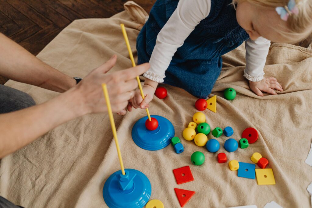 Children engaged in cognitive activities like puzzles and problem-solving tasks